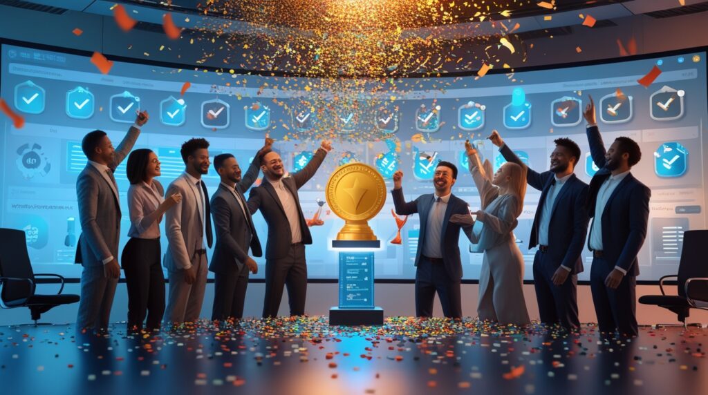 Equipe empresarial diversificada comemorando uma conquista